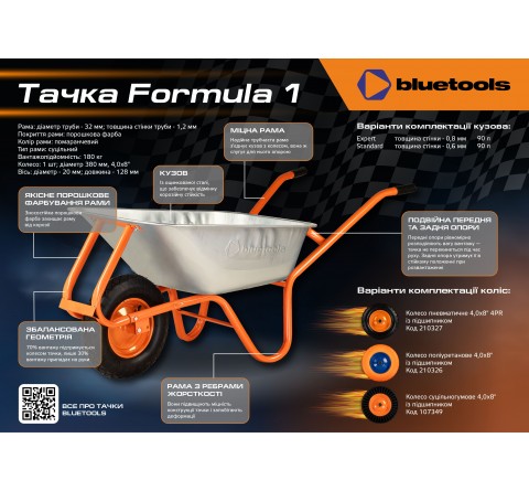 Тачка будівельна BLUETOOLS Formula 1 Standard (90 л, 180 кг) (220-4003)